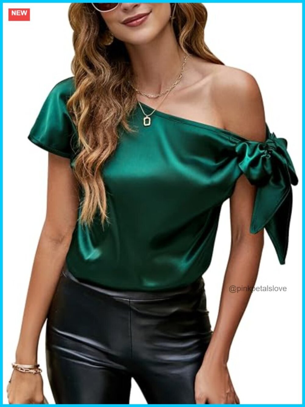 Off Shoulder Silk Top Short Sleeve Asymmetrical Neck Satin Blouse Shirt